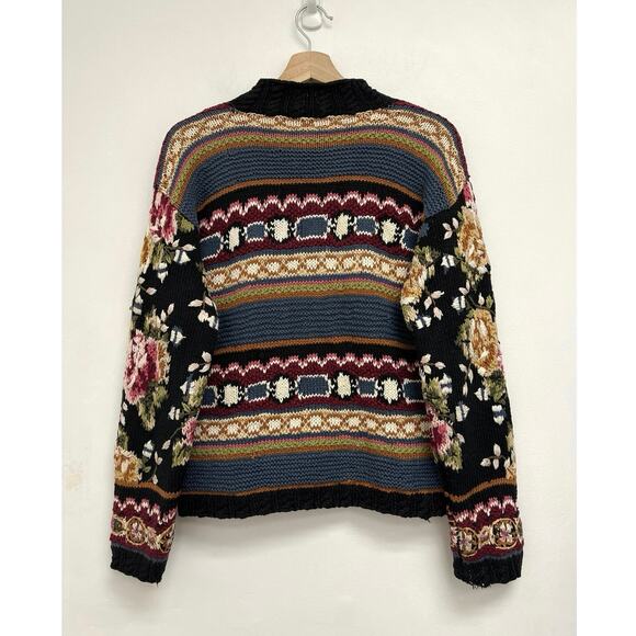Vintage Handknitted Express Tricot Floral Stripes Chunky Cottage Sweater Medium - Picture 2 of 10